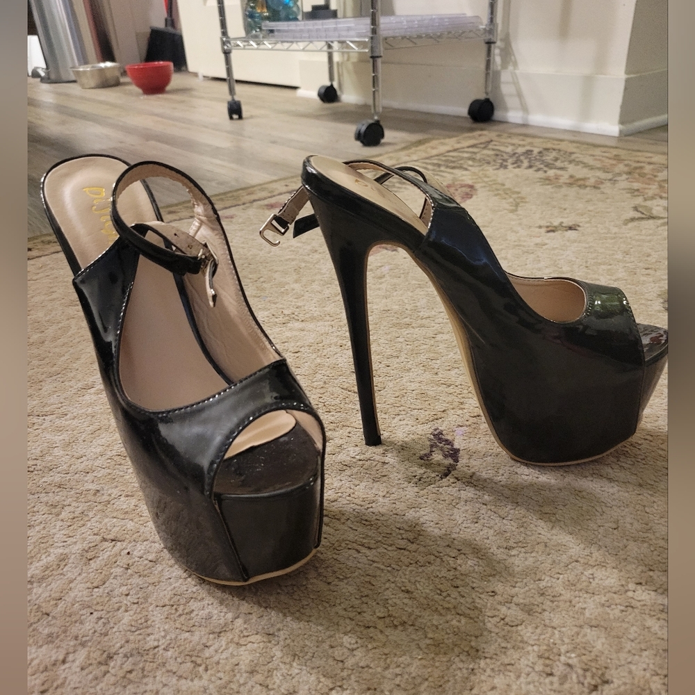 Black patent platform peep toe slingback stilettos